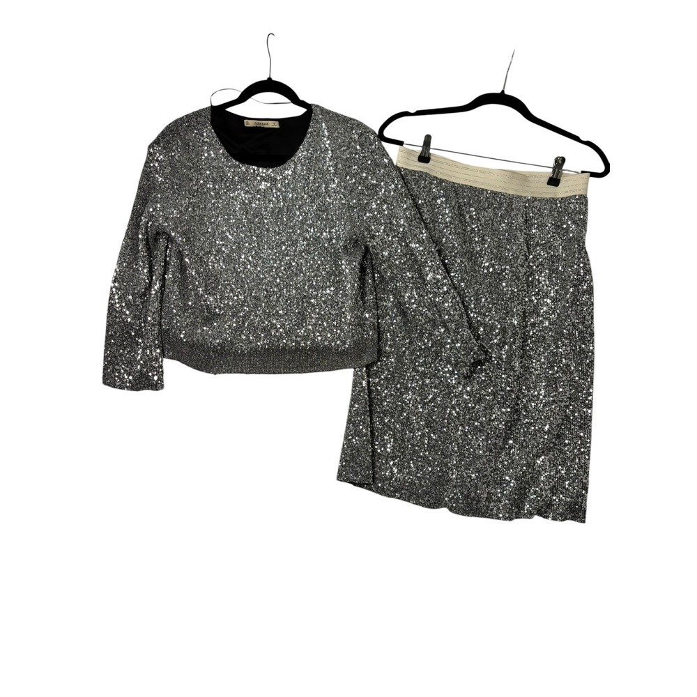 Zara Basic Silver Sequin 2 Piece Set Crop Top Pencil Skirt Womens Size L Holiday